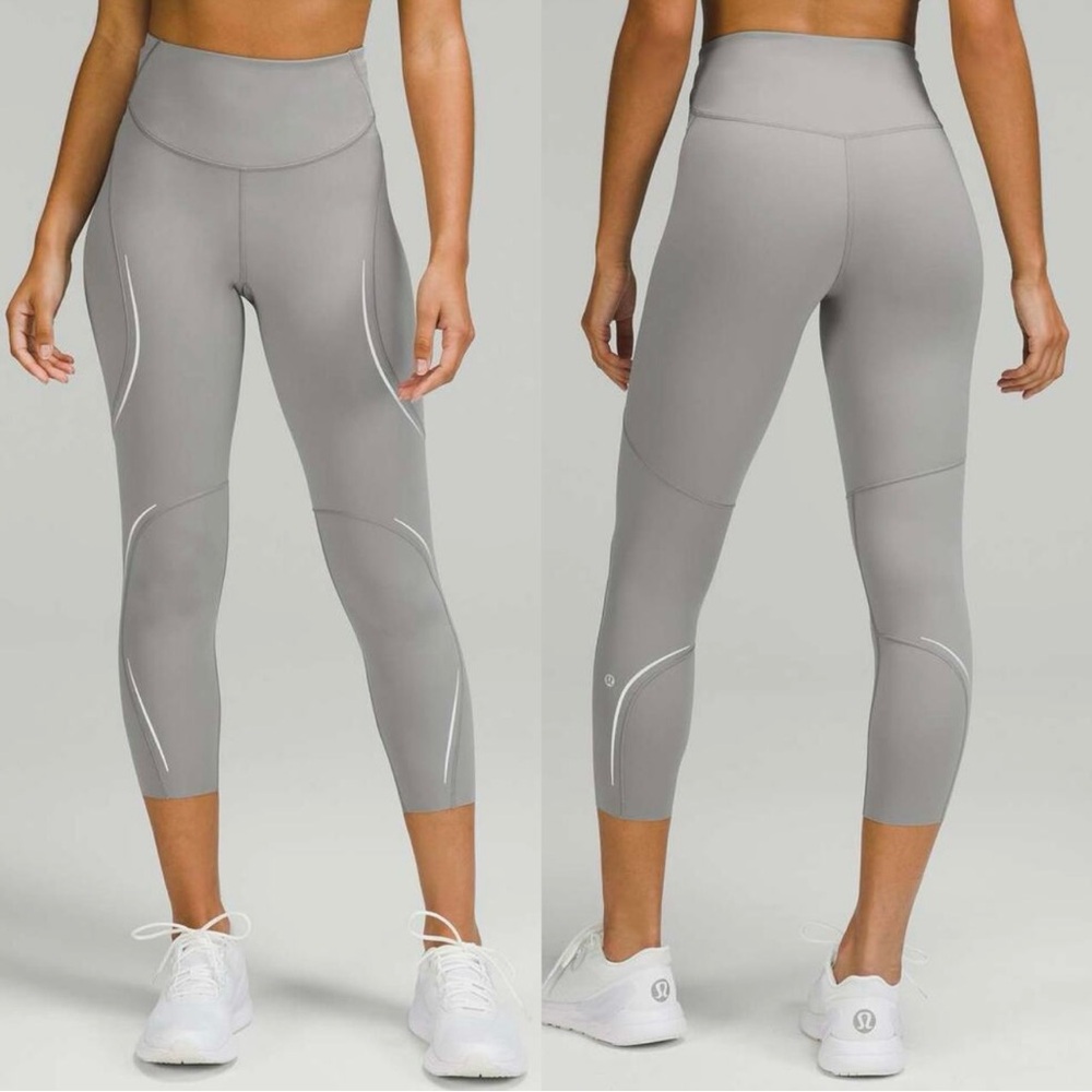 Lululemon Base Pace High-Rise‎ Reflective Crop Leggings Gull Gray SZ 10
